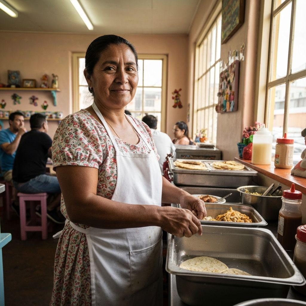 Mujer hispana en su restaurante de la calle